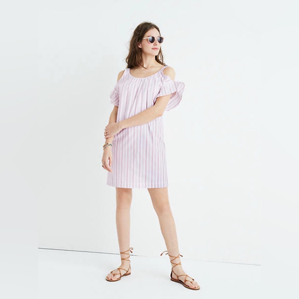 Madewell Pink White Rose Stripe Cold Shoulder Shift Dress Womens Size small